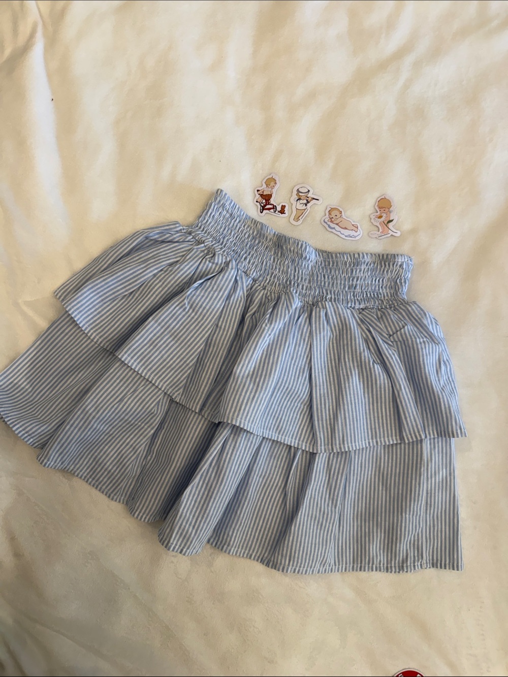Edikted Tiered Blue & White Striped Mini Skirt & Brandy Melville stickers